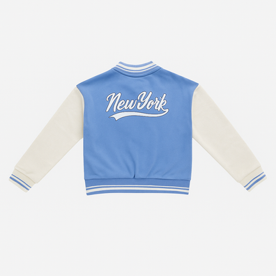 Kids Down Shoulder NY Baseball Varsity Jacket – Blue & White Trendy Look